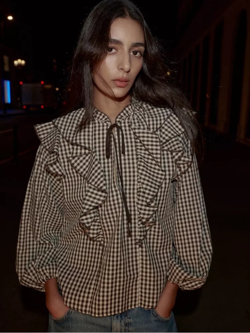 Zara Brown White Gingham Ruffle Shirt Top Sz S